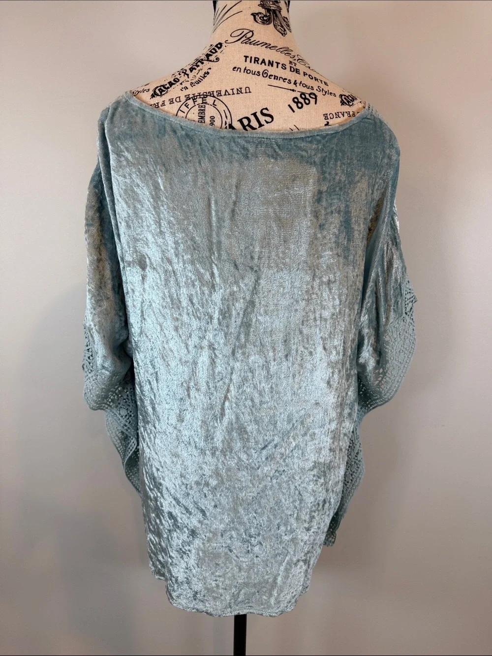Soft Surroundings Light Blue Crushed Velvet Crochet Trim Poncho Top S Loose Fit